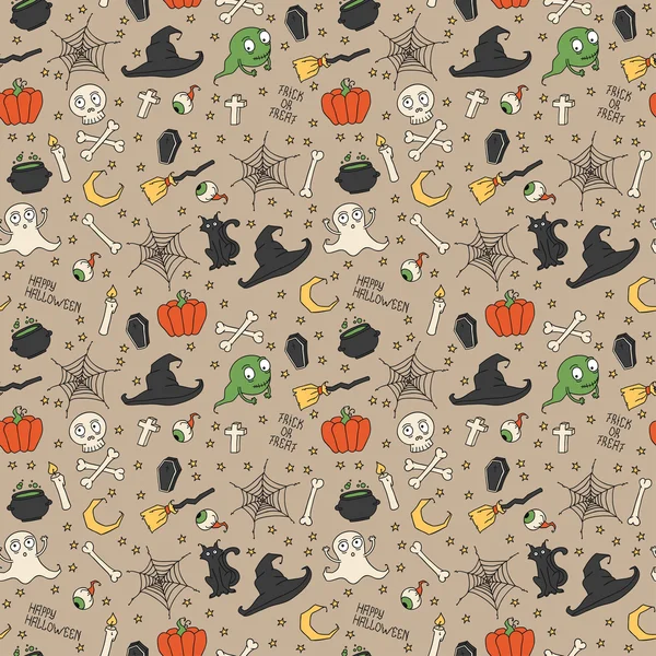 Feliz Halloween. Patrón sin costuras con calabazas, calaveras, gatos, telarañas, fantasmas, monstruos, sombrero de bruja. Truco o trato. Ilustración vectorial. Contexto . — Vector de stock