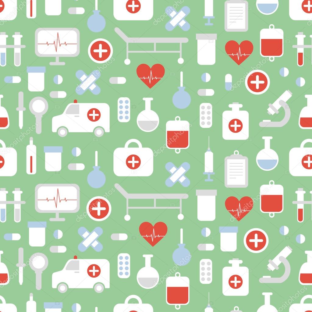 Seamless pattern of medical and health vector colorful icons set. Design elements. Illustration in flat style.