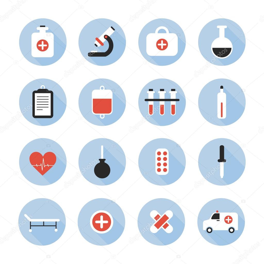 Medical and health vector colorful icons set. Design elements. Illustration in flat style.