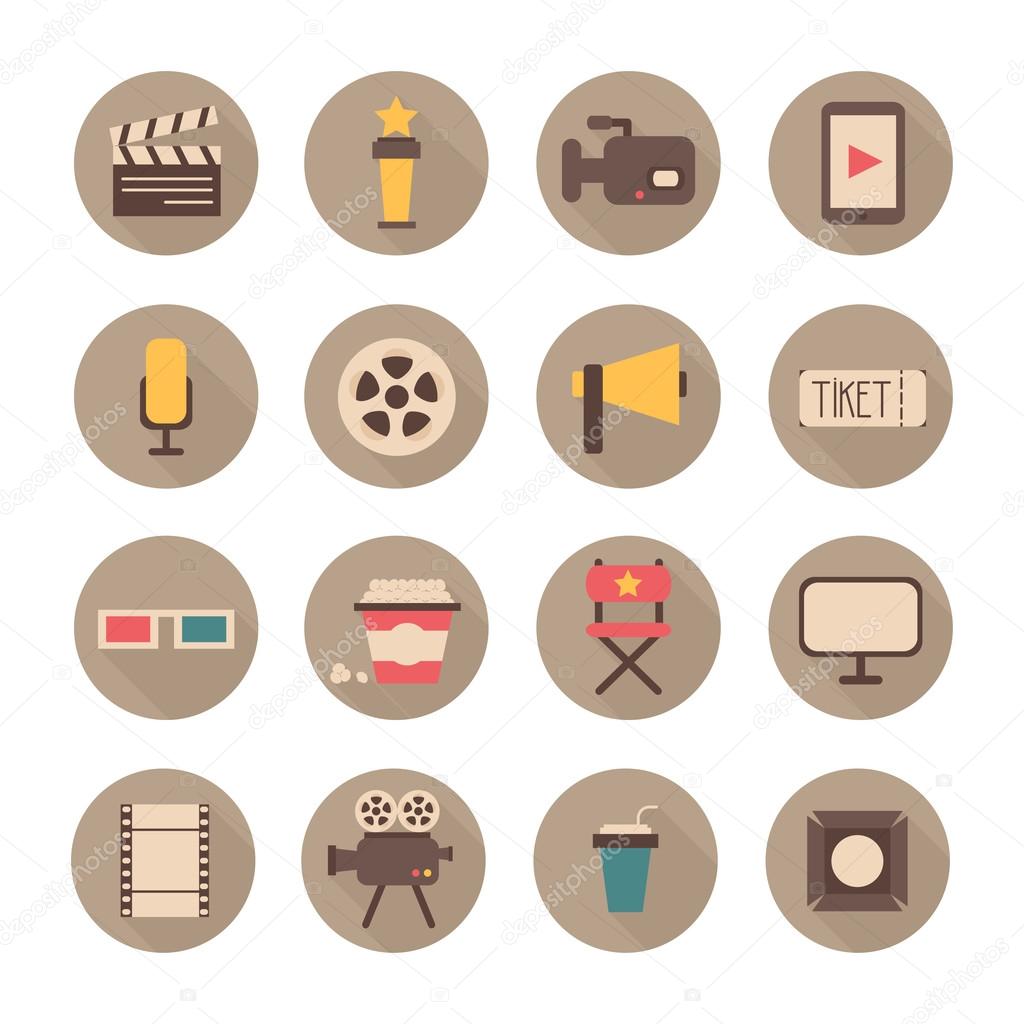 Set of movie design elements and cinema icons in flat style. Vector illustration.