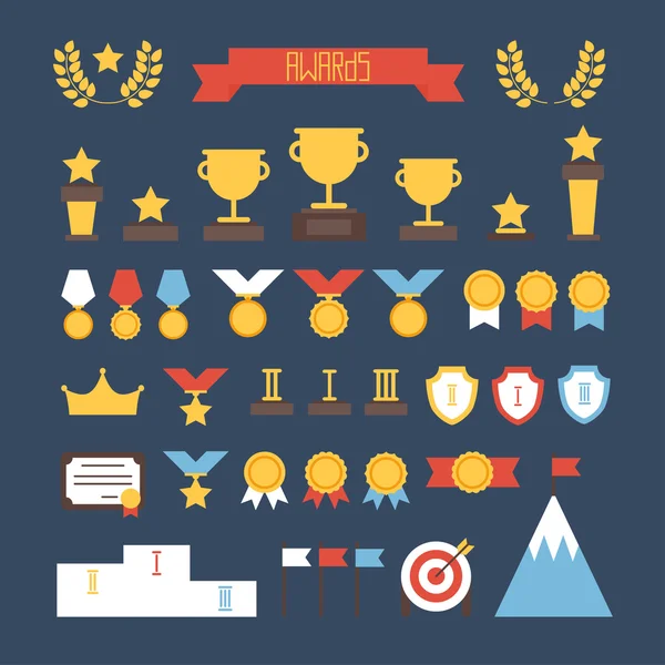 Award icons. Vector colorful set of prizes and trophy signs. Design elements. Illustration in flat style. — Stock Vector