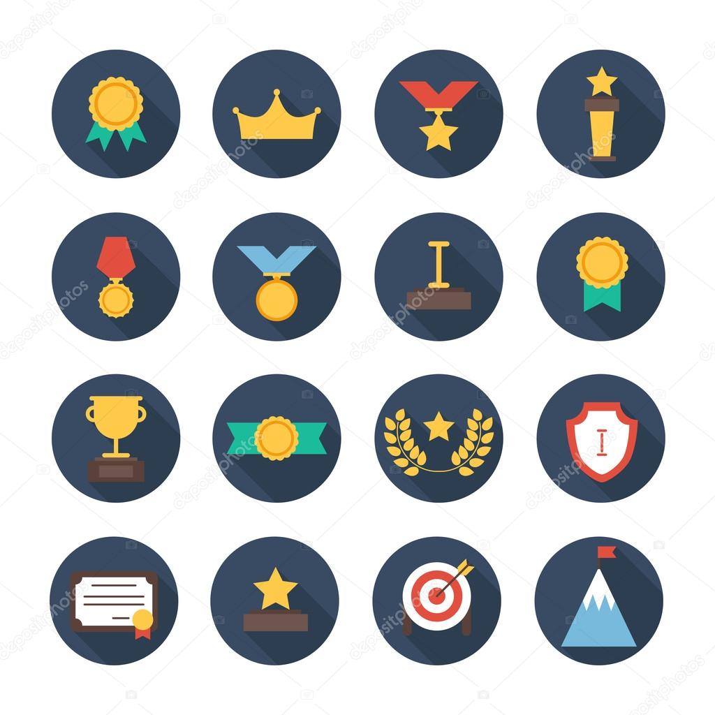 Award icons. Vector colorful set of prizes and trophy signs. Design elements. Illustration in flat style.