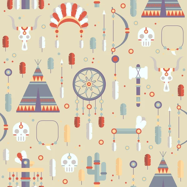 ベクトル カラフルな民族ドリーム キャッチャー、羽、矢印、ネイティブ様式のアメリカ ・ インディアン チーフ頭飾りセットのシームレスなパターン。装飾的な要素。部族のネイティブ アメリカンの一連の記号. — ストックベクタ