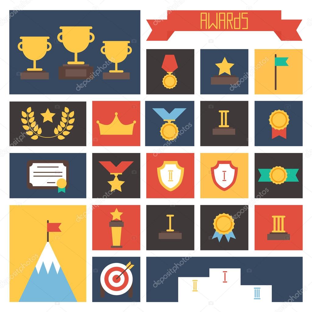 Award icons. Vector colorful set of prizes and trophy signs. Design elements. Illustration in flat style.