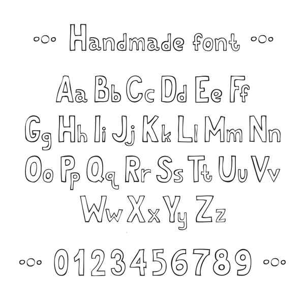 Einfache monochrome handgezeichnete Schrift. komplettes Abc-Alphabet-Set. Vektorbuchstaben und Zahlen. Doodle typografische Symbole. — Stockvektor