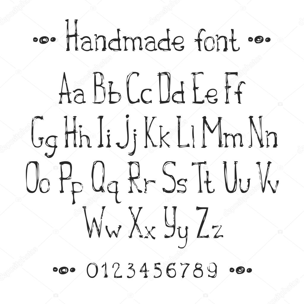 Simple monochrome hand drawn font. Complete abc alphabet set. Vector letters and numbers. Doodle typographic symbols.