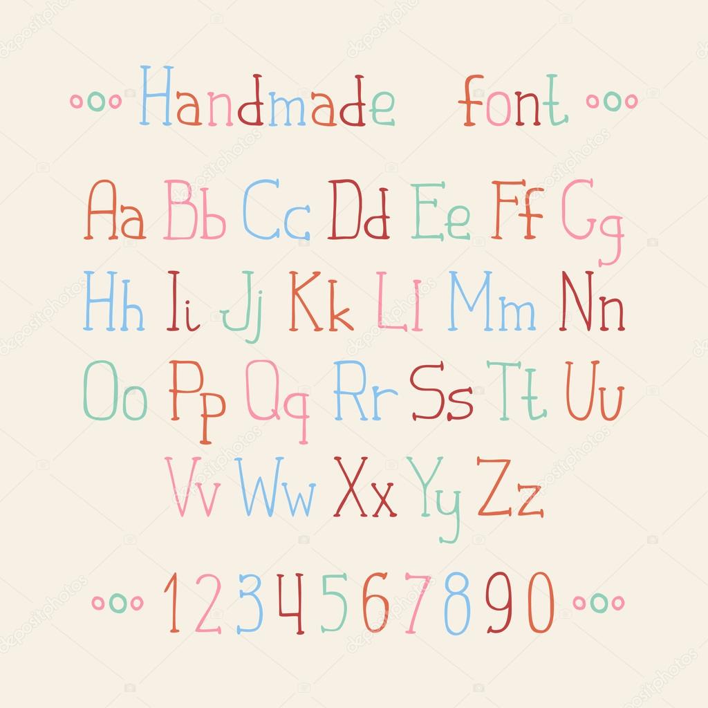 Simple colorful hand drawn font. Complete abc alphabet set. Vector letters and numbers. Doodle typographic symbols.
