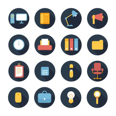 İş, pazarlama ve office Infographic tasarım öğeleri uzun gölge etkisi ile. Vektör kümesi şık simgeler renkte. Düz stil çizimde.