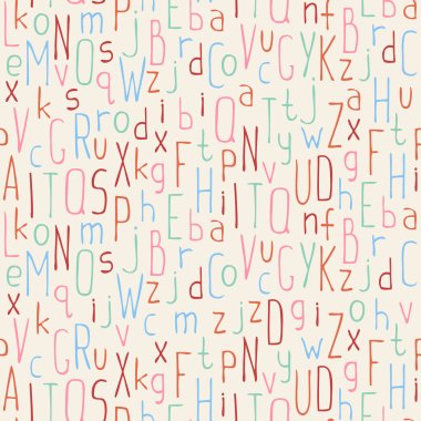 Vector seamless pattern of colorful hand drawn font. Beautiful simple letters background. Doodle typographic symbols. clipart