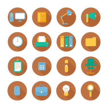 İş, pazarlama ve office Infographic tasarım öğeleri uzun gölge etkisi ile. Vektör kümesi şık simgeler renkte. Düz stil çizimde.