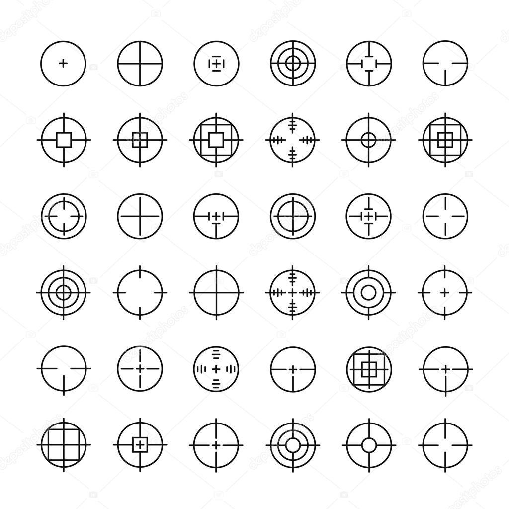 Set of different flat vector crosshair sign icons. Line simple symbols. Target aim symbol. Circles and rounded squares buttons.