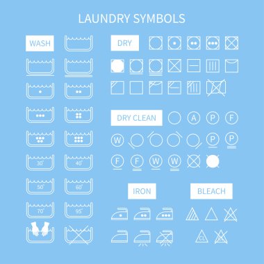 Satır basit yıkama talimatı sembolleri kümesi. Düz stil Çamaşırhane simgeler. Giyim bakım. Vektör çizim.