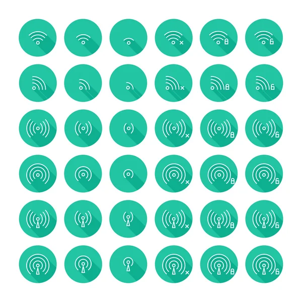 Ensemble de différents vecteurs plats wi-fi et icônes sans fil avec ombre longue pour communiquer à l'aide d'ondes radio, accès à distance, sans fil. Panneau Wi-Fi. Ligne simples symboles de communication . — Image vectorielle