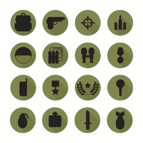 Vojenské siluety ikony piktogram a válka s dlouhý stín. Armádní infographic designové prvky. Ilustrace v plochý. — Stockový vektor