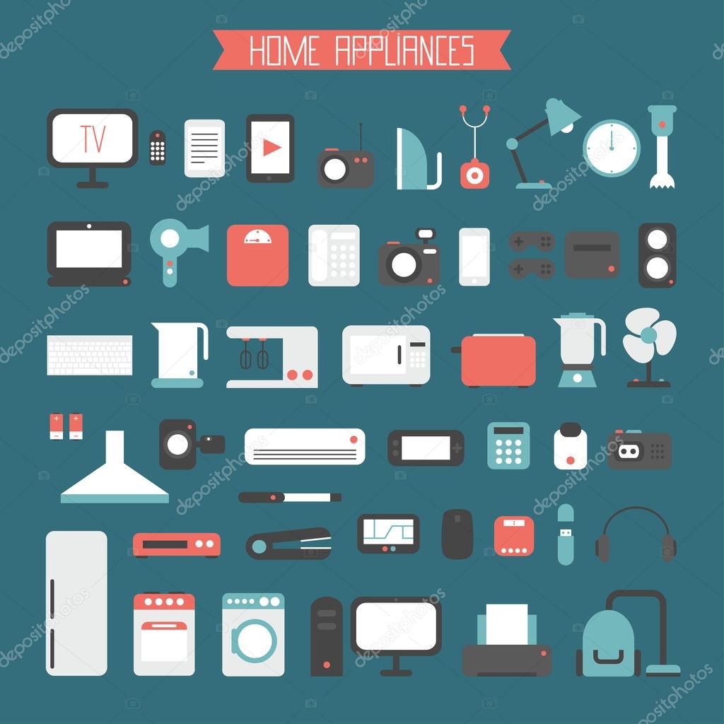 Set of electronic devices and home appliances colorful icons in flat style. Template vector elements for web and mobile applications.