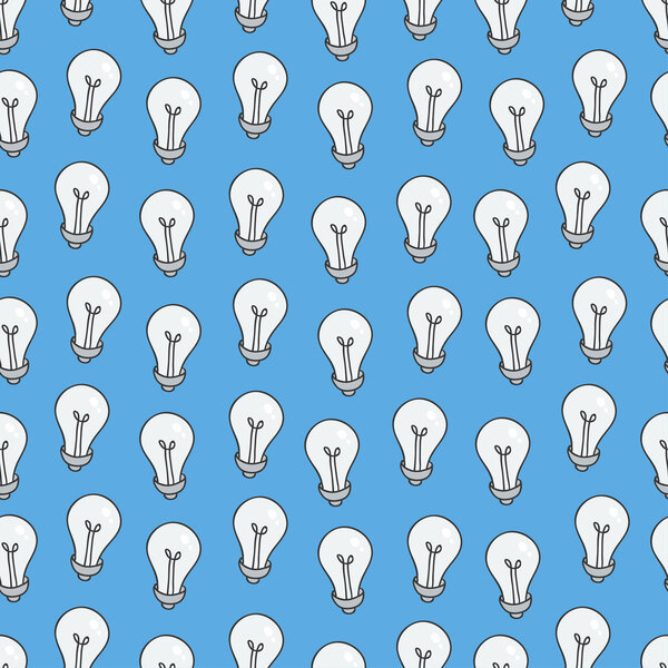 Hand drawn seamless pattern of light bulbs. Idea symbol. Vector illustration.