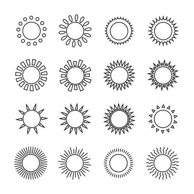 Güneş web simgelerin ayarlamak, sembol, düz stil imzala. Güneşler koleksiyonu. Tasarım öğeleri. Vektör çizim.