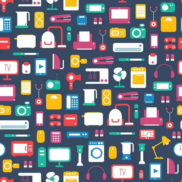 Nahtlose Muster von elektronischen Geräten und Haushaltsgeräten bunte Symbole im flachen Stil gesetzt. Template-Vektorelemente für Web- und mobile Anwendungen. — Stockvektor