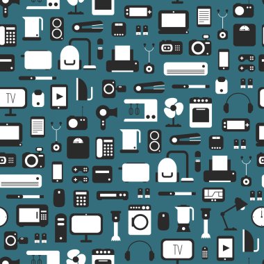 Elektronik aygıt ve ev aletleri renkli simgeler seamless modeli düz stil ayarlayın. Şablon vektör öğeleri web ve mobil uygulamalar için.