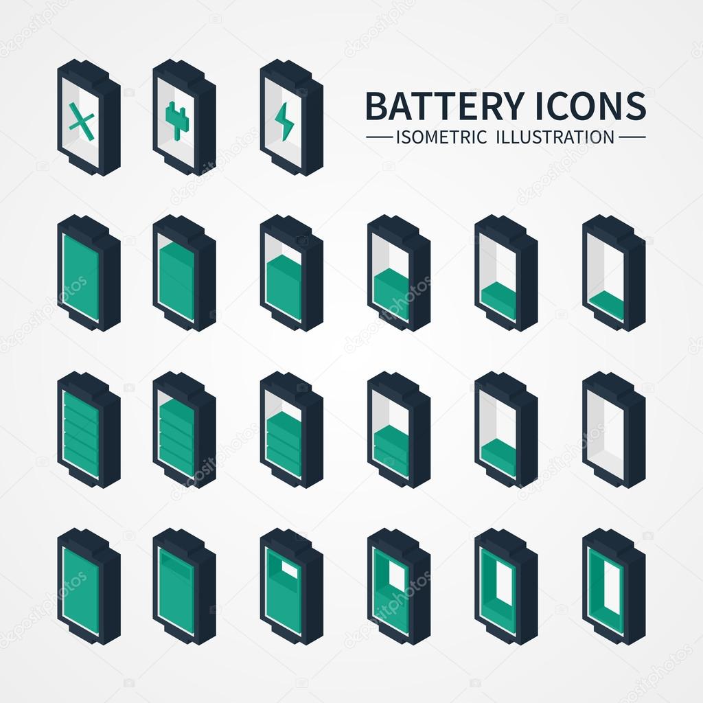Battery web icons, symbol, sign and design elements in isometric style. Charge level indicators. Vector illustration.