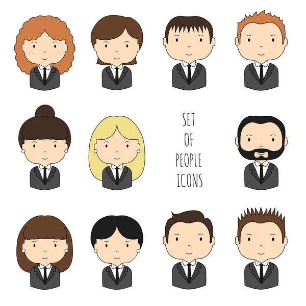 Renkli office insanlar simgeler kümesi. İş adamı. İş kadını. Komik karikatür el çizilen yüzler kroki tasarımınız için. Şirin avatar koleksiyonu. Trendy doodle tarzı. Vektör çizim.