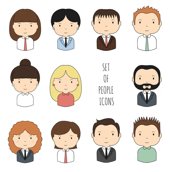 Set van kleurrijke office mensen iconen. Zakenman. Zakenvrouw. Grappige cartoon hand getekende gezichten schets voor uw ontwerp. Collectie van leuke avatar. Trendy doodle stijl. Vectorillustratie. — Stockvector