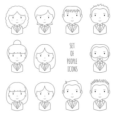 Satır siluet office insanlar simgeler kümesi. İş adamı. İş kadını. Çizgi film elle çizilmiş yüzler kroki piktogram tasarımınız için. Şirin avatar koleksiyonu. Trendy doodle tarzı. Vektör çizim.