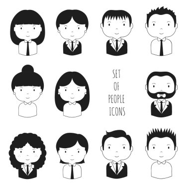 Siluet office insanlar simgeler kümesi. İş adamı. İş kadını. Komik karikatür elle çizilmiş yüzler kroki piktogram tasarımınız için. Şirin avatar koleksiyonu. Trendy doodle tarzı. Vektör çizim.