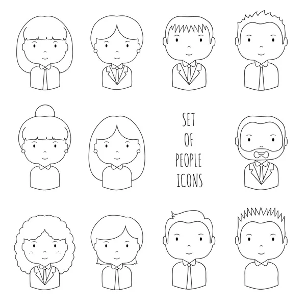 Satır siluet office insanlar simgeler kümesi. İş adamı. İş kadını. Çizgi film elle çizilmiş yüzler kroki piktogram tasarımınız için. Şirin avatar koleksiyonu. Trendy doodle tarzı. Vektör çizim.