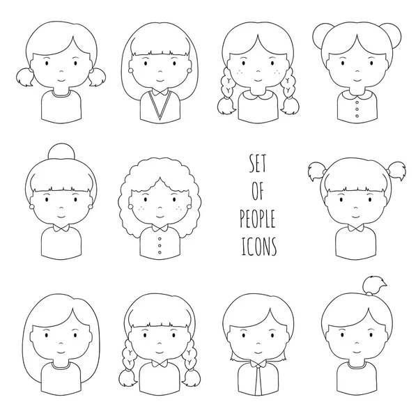 Set of line perempuan wajah ikon. Lucu kartun tangan digambar wajah sketsa piktogram untuk desain Anda. Koleksi avatar wanita cantik. Pengusaha wanita. Gaya corat-coret Trendy. Ilustrasi vektor . - Stok Vektor