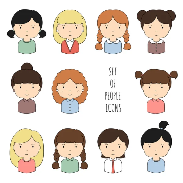Renkli erkek kümesi simgeleri karşı karşıyadır. Komik karikatür el çizilen yüzler kroki tasarımınız için. Sevimli kadın avatar koleksiyonu. İş kadını. Trendy doodle tarzı. Vektör çizim.