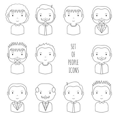 Satır erkek yüzler simgeleri ayarlayın. Komik karikatür elle çizilmiş yüzler kroki piktogram tasarımınız için. Şirin adam avatar koleksiyonu. İş adamı. Trendy doodle tarzı. Vektör çizim.