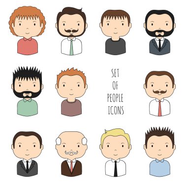 Renkli erkek yüzler simgeleri ayarlayın. Komik karikatür el çizilen yüzler kroki tasarımınız için. Şirin adam avatar koleksiyonu. İş adamı. Trendy doodle tarzı. Vektör çizim.