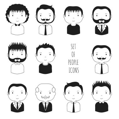 Tek renkli erkek yüzler simgeleri ayarlayın. Komik karikatür elle çizilmiş yüzler kroki piktogram tasarımınız için. Şirin adam avatar koleksiyonu. İş adamı. Trendy doodle tarzı. Vektör çizim.