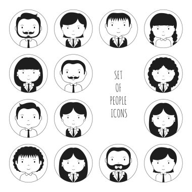 Tek renkli siluet office insanlar simgeler kümesi. İş adamı. İş kadını. Çizgi film elle çizilmiş yüzler kroki piktogram tasarımınız için. Avatar koleksiyonu. Trendy doodle tarzı. Vektör çizim.