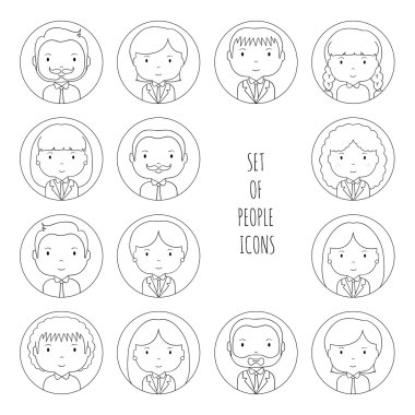 Satır siluet office insanlar simgeler kümesi. İş adamı. İş kadını. Çizgi film elle çizilmiş yüzler kroki piktogram tasarımınız için. Avatar koleksiyonu. Trendy doodle tarzı. Vektör çizim.