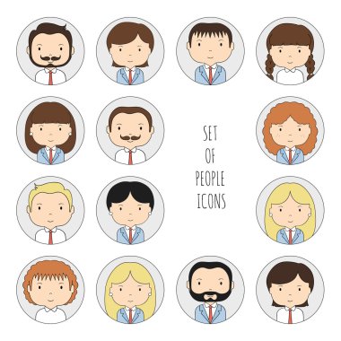 Renkli office insanlar simgeler kümesi. İş adamı. İş kadını. Komik karikatür el çizilen yüzler kroki tasarımınız için. Şirin avatar koleksiyonu. Trendy doodle tarzı. Vektör çizim.