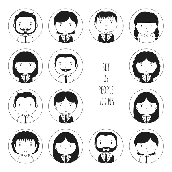 Conjunto de iconos de personas de oficina de silueta monocroma. Empresario. Empresaria. Caras dibujadas a mano de dibujos animados boceto pictograma para su diseño. Colección de avatar. Estilo garabato de moda. Ilustración vectorial . — Vector de stock