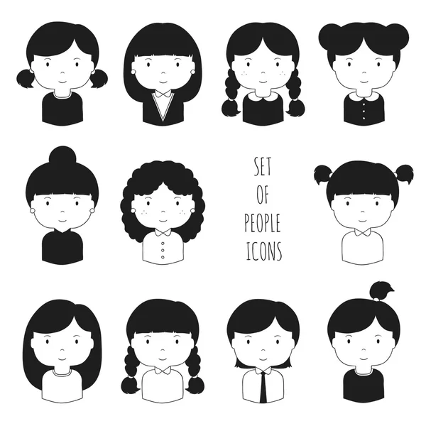 Set of monochrome female faces icons. Funny cartoon hand drawn faces sketch pictogram for your design. Collection of cute woman avatar. Businesswoman. Trendy doodle style. Vector illustration. — Stock Vector