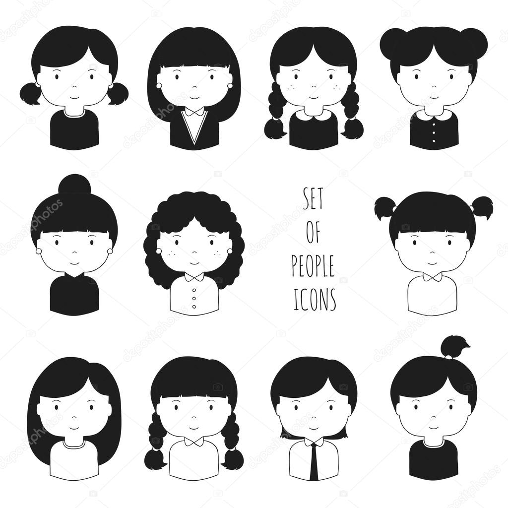 흑백 여자의 얼굴 아이콘. 디자인에 대 한 재미 있는 만화 손으로 그린 얼굴 스케치 그림 귀여운 여자 아바타의 컬렉션입니다.  사업가입니다. 트렌디한 낙서 스타일입니다. 벡터 일러스트 레이 션. 스톡 벡터 - ©Krolja 63130823, image size:1024x1024