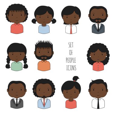 Renkli Afro-Amerikan insanlar simgeler kümesi. İş adamı. İş kadını. Komik karikatür elle çizilmiş siyahlar yüzler kroki tasarımınız için. Şirin avatar koleksiyonu. Trendy doodle stili.