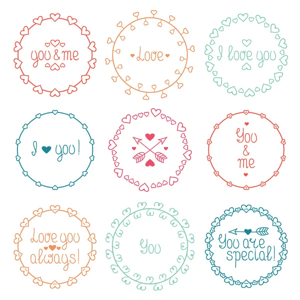 El çizilen çerçeve yürekleri romantik desen. Trendy doodle tarzı. Vektör Sevgililer günü vintage tasarım unsurları ayarlayın. Güzel basit yazı.