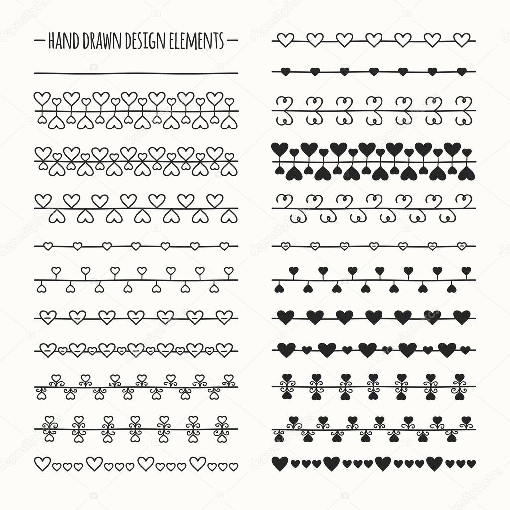 Hand drawn vector line border set and scribble design element. Valentine day vintage romantic pattern with hearts. Illustration. Trendy doodle style brushes.