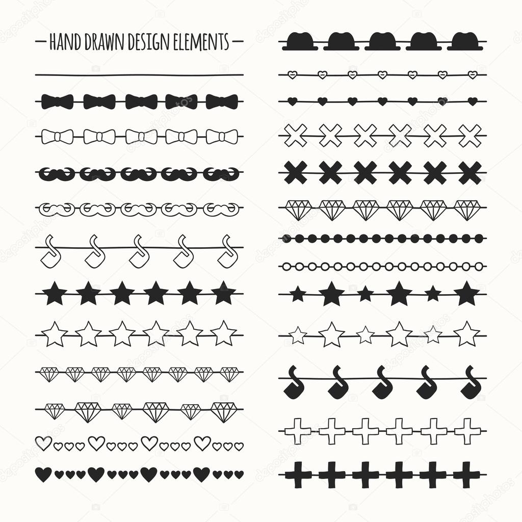 Hand drawn vector line border set and scribble design element. Hipster vintage fashion pattern with mustache. Illustration. Trendy doodle style brushes.