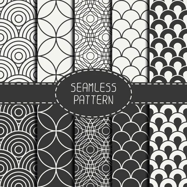 Řadu monochromatických módní geometri bezešvé pattern s kruhy. Sběr papíru pro scrapbook. Vektorové pozadí. Obklad. Stylové grafické textury pro svůj design, tapety, vzorek výplně. — Stockový vektor