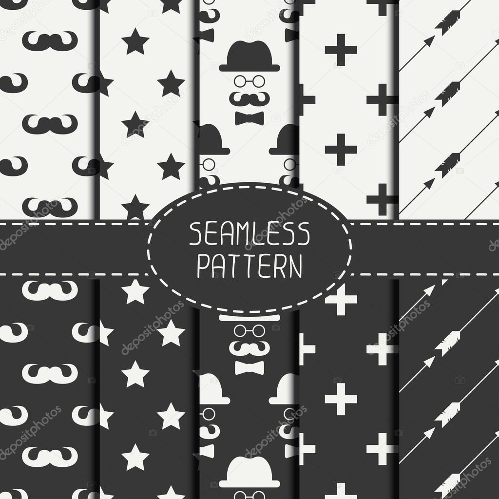 Set of monochrome hipster fashion geometri seamless pattern with mustache. Collection of paper for scrapbook. Vector background. Tiling. Stylish graphic texture for your design, wallpaper.