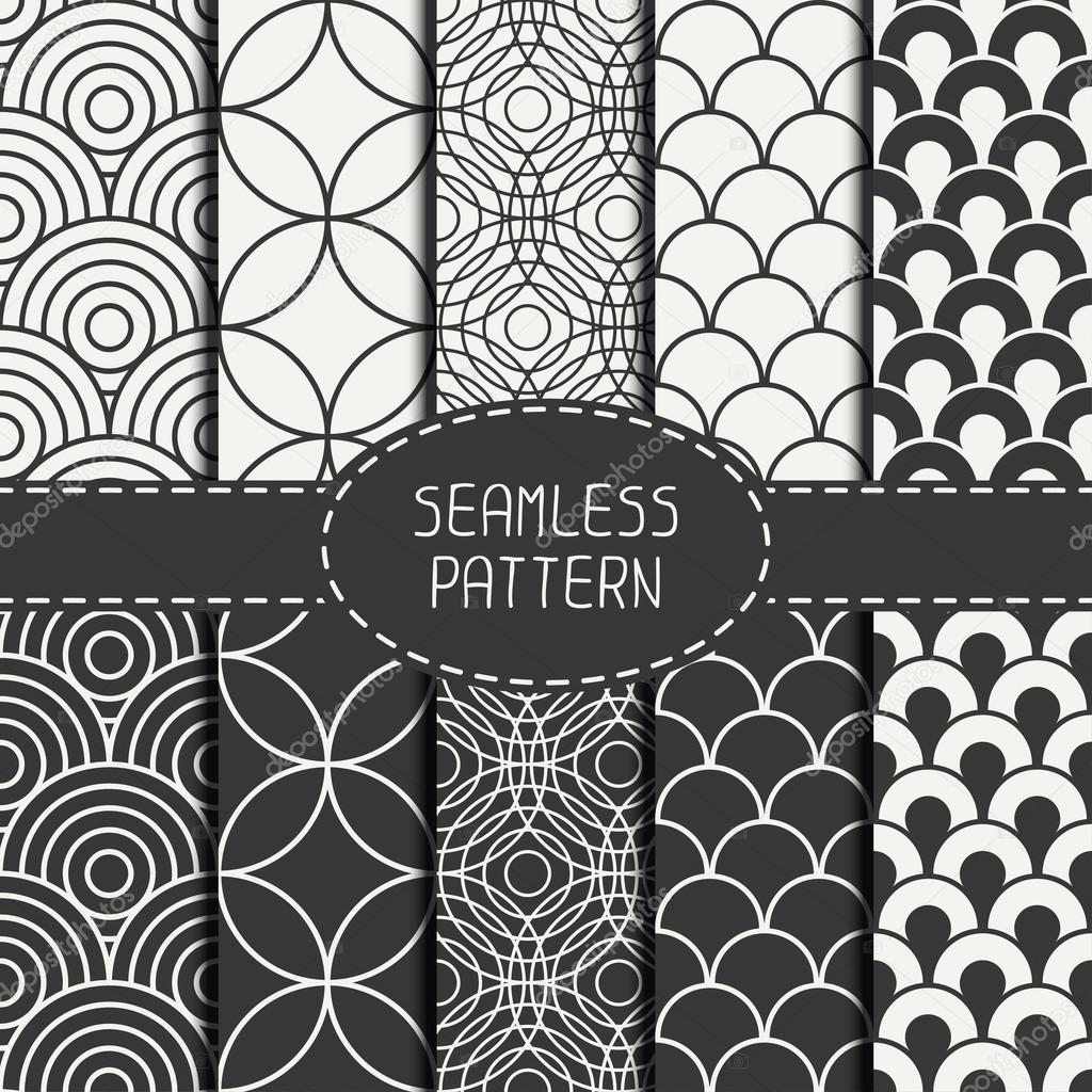 Set of monochrome fashion geometri seamless pattern with circles. Collection of paper for scrapbook. Vector background. Tiling. Stylish graphic texture for your design, wallpaper, pattern fills.