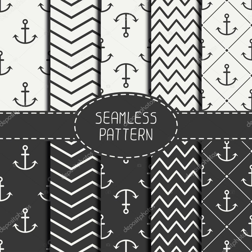 Set of monochrome marine geometri seamless pattern with anchor. Collection of paper for scrapbook. Vector background. Tiling. Stylish graphic texture for your design, wallpaper, pattern fills.