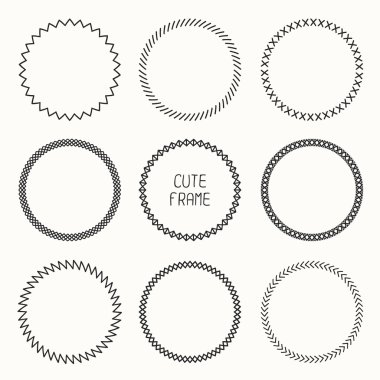 Elle çizilmiş tek renkli çerçeve geometrik desen. Trendy doodle tarzı. Vektör çelenk tasarım öğeleri kümesi. Güzel basit örnek.