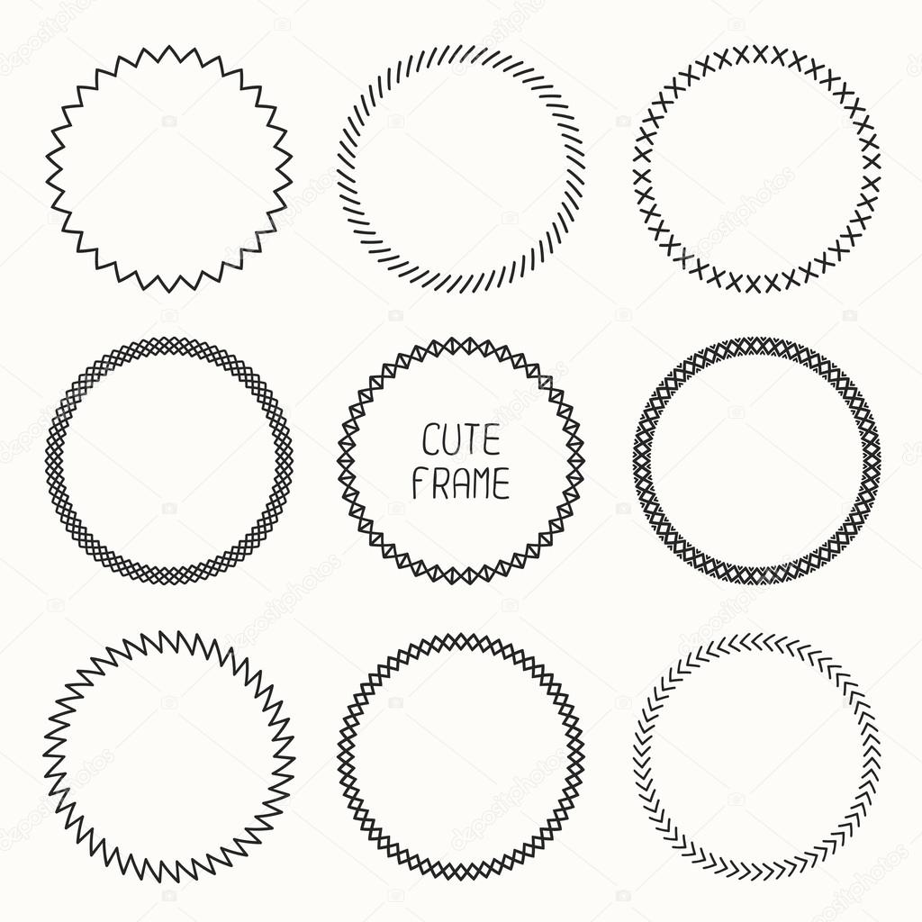 Hand drawn monochrome frame of geometric pattern. Trendy doodle style. Vector set of wreaths design elements. Beautiful simple illustration.